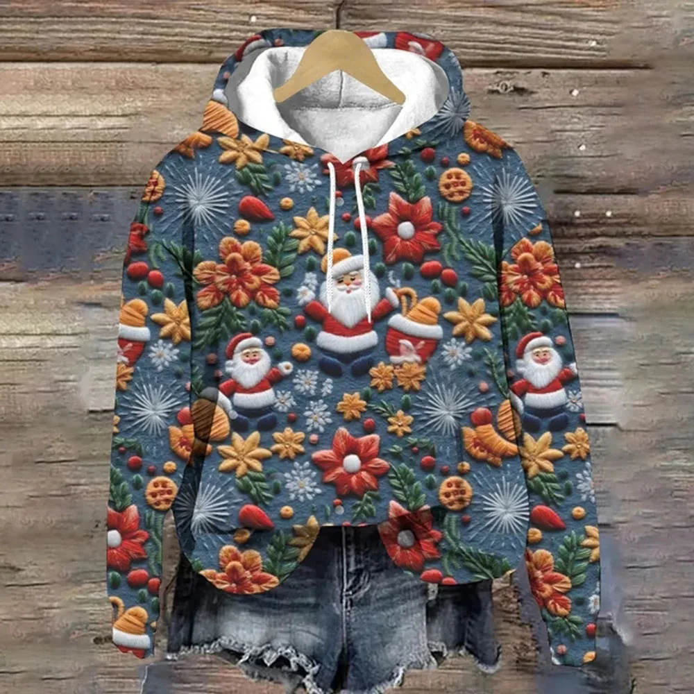 Women Christmas Long sleeved Hoodie,  O-Neck Sweatshirts, 3d Santa Claus Print Hoodies Kawaii korean fashion Pullover streetwear