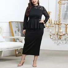 

Women's Plus Size Dress Round Neck Solid Color Lace Stitching Long Sleeve Spring Ladies New 2022 Fashion Female Dresses