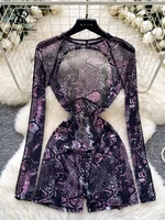 SINGREINY Serpentine Print Sexy Playsuits Female O Neck Long Sleeves Hollow Out Sheer Bodysuits Fashion Backless Short Jumpsuits