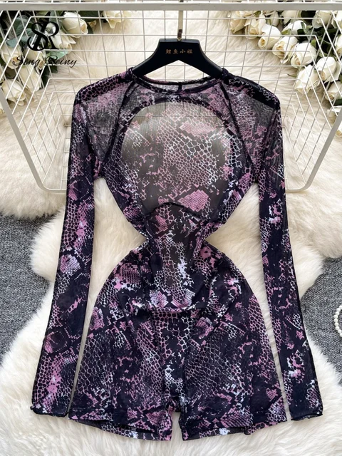 SINGREINY Serpentine Print Sexy Playsuits Female O Neck Long Sleeves Hollow Out Sheer Bodysuits Fashion Backless Short Jumpsuits