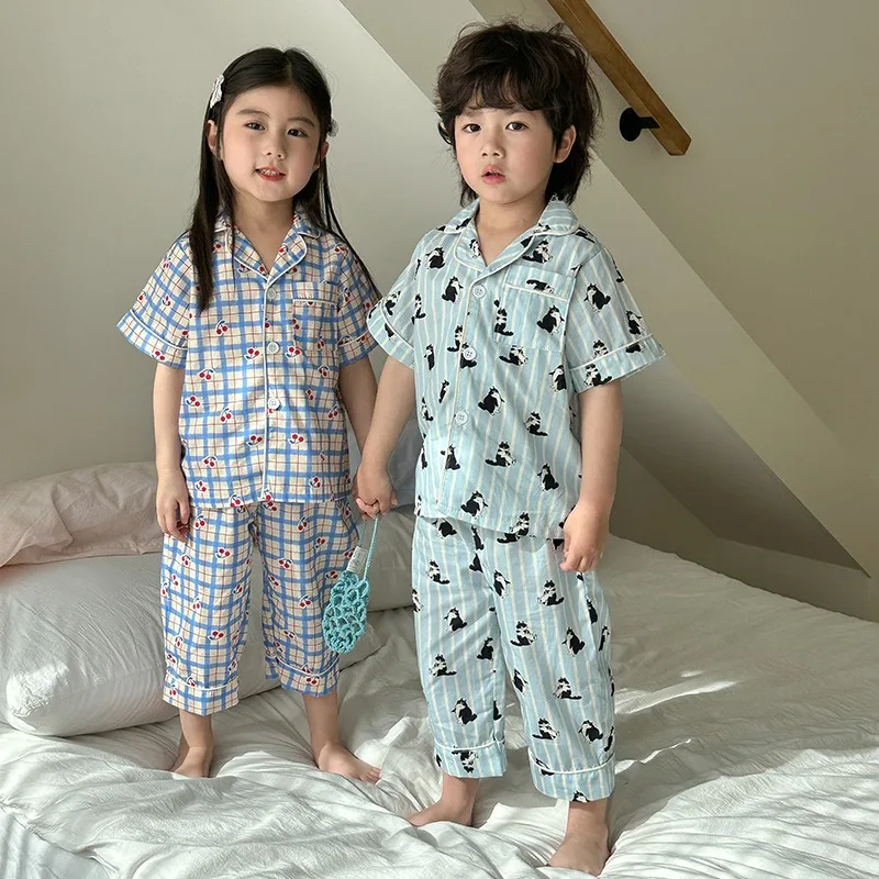 Children's Pajamas Summer 1-8Y Home Clothing Set Thin Pure Cotton Boys Lapel Top Pants 2Pcs Suit Girls Cartoon Printed Sleepwear