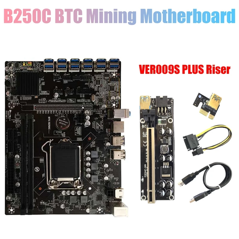 Материнская плата B250C для майнинга BTC + переходник 009S Plus 12xpcie на USB3.0 слот GPU LGA1151