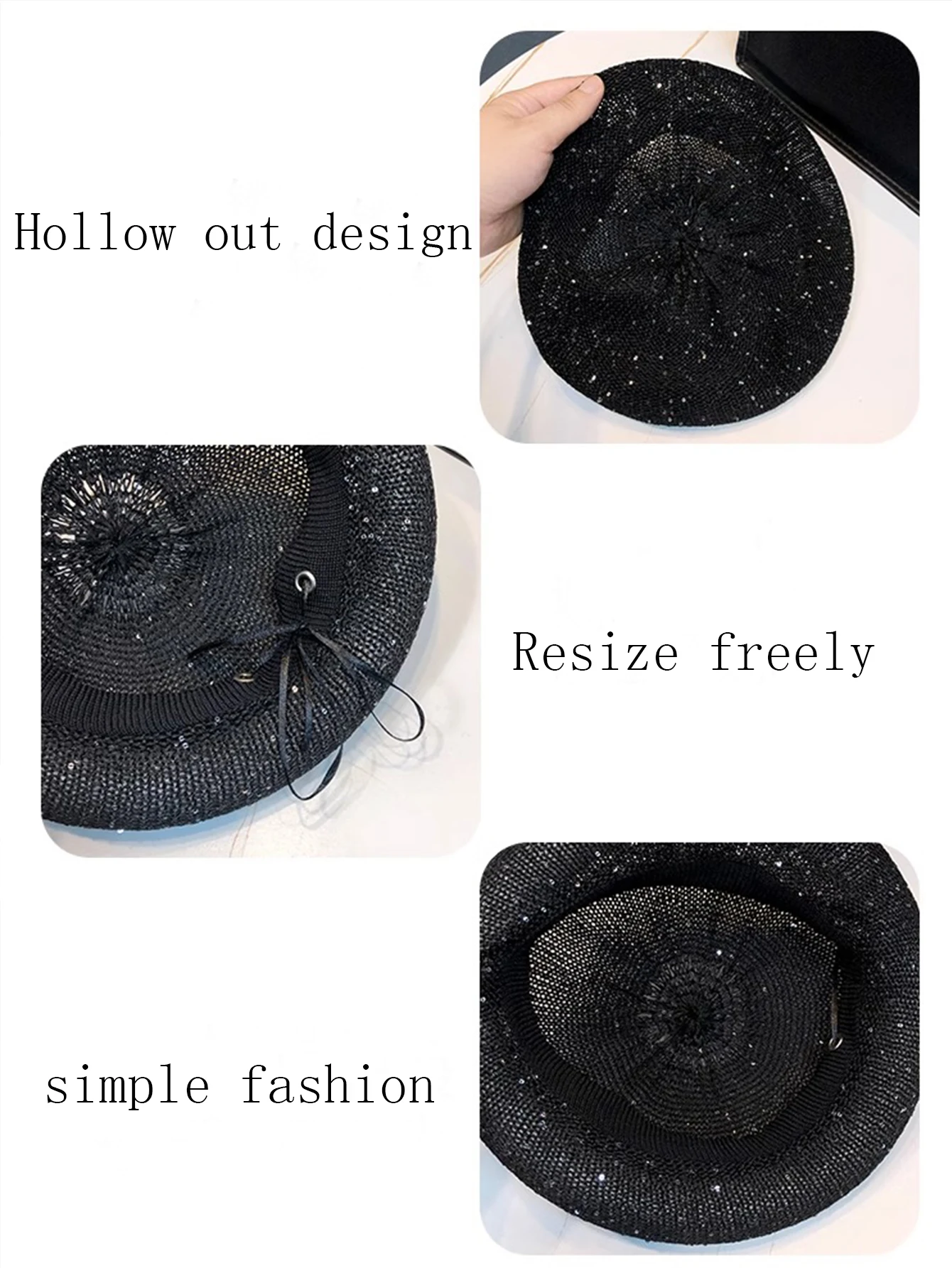 Hot Sale Spring and summer new cut-out sequin berets, thin cloud adjustable size, knitted breathable hundred painter hats, women_voghion.com