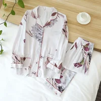 Spring and Autumn Women's100% viscose long-sleeved trouserslarge floral cotton silklarge size thin cardiganhome serviceshirt set - Image 2