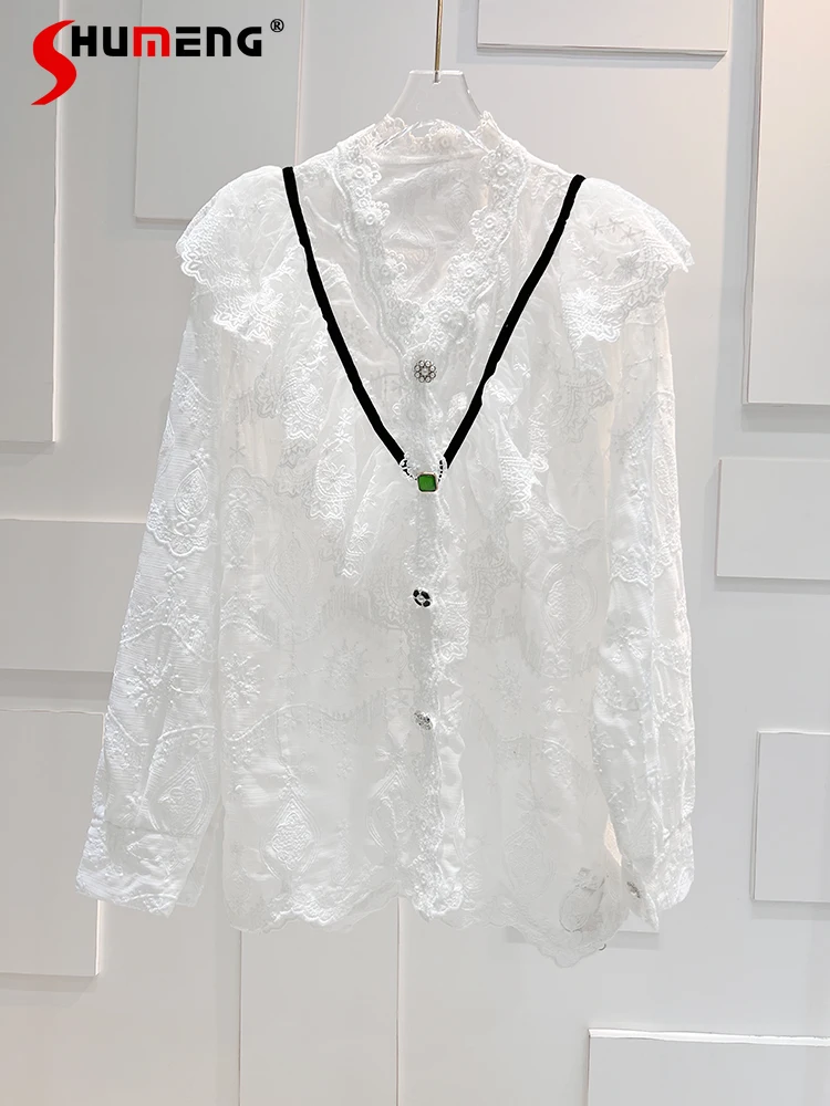Белые кружевные рубашки в Корейском стиле, Женская приталенная маленькая рубашка в западном стиле с длинным рукавом, высококачественная одежда