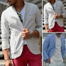 Men Lapel Long Sleeve Suit Coat Striped Print Pockets Buttons Placket Formal Business Blazer Thin Breathable Suit Jacket