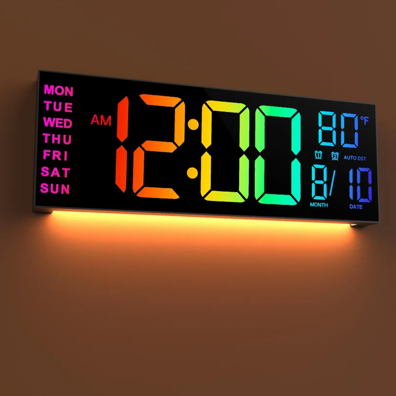 16" B Large Digital Wall Clock, Big LED Display with Remote, 8 RGB Color, Alarm, DST, Temperature for Living Room, Office 1