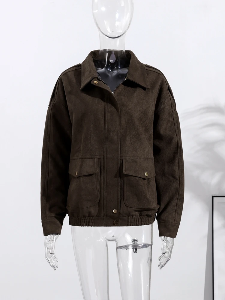 Spring High Street Women's Brown Coat with Big Pockets and Zipper