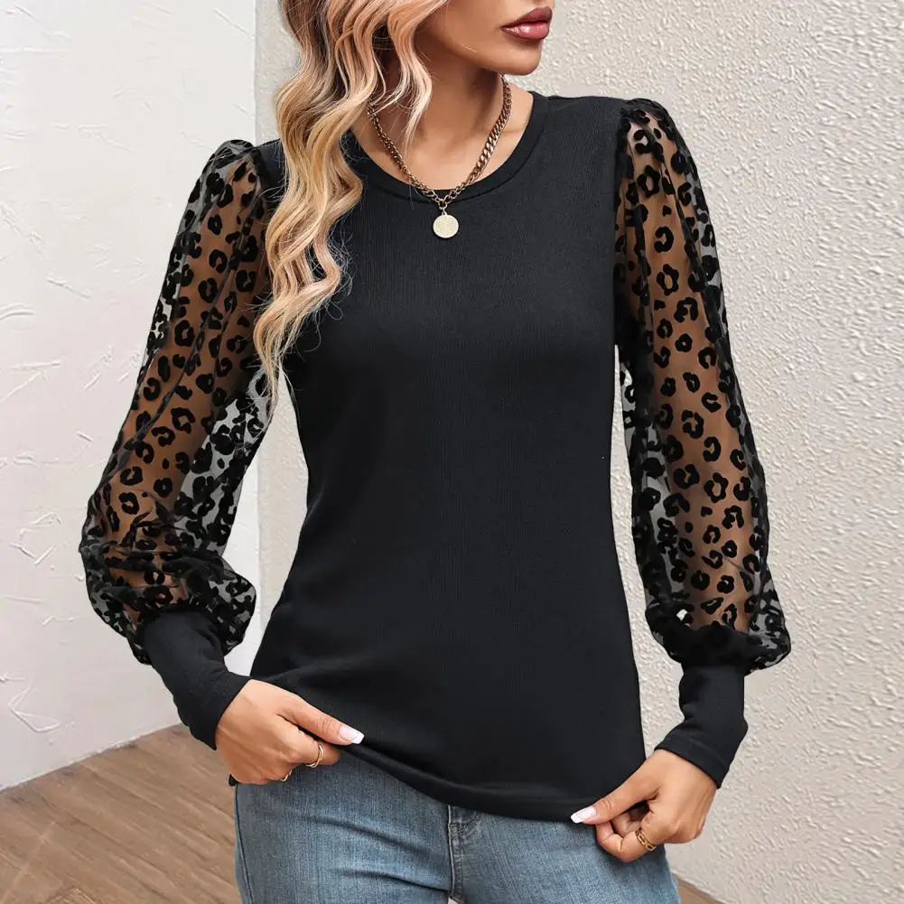 

Women Top See-through Mesh Leopard Print Round Neck Knitted Slim Fit Spring Fall Long Sleeve T-shirt Blouse blusa feminina