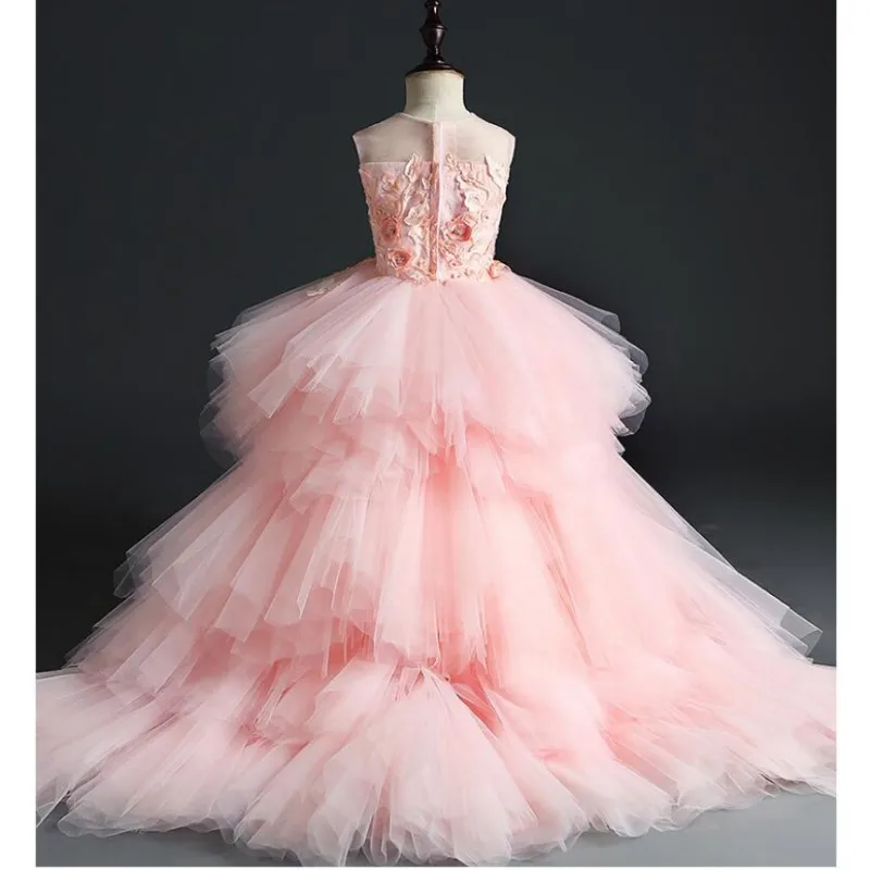 Girl Wedding Party Flower Girl Dresses Pink Tulle Trailing Princess Gown Beaded Floral Girls Pageant First Communion Gown