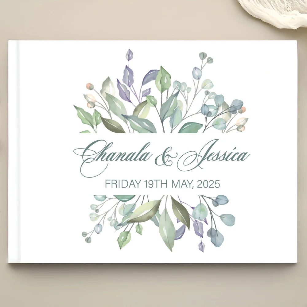 Personalized Wedding Guest Book White Wedding Guest Book with Floral Green Leaf Name Date Scrapbooking