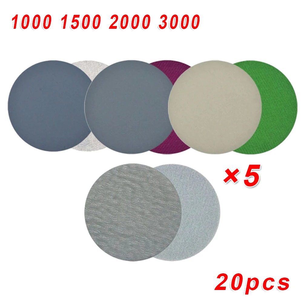 20pcs Sandpaper 5 Inch Hook&Loop Wet/Dry Sanding Discs 1000 1500 2000 3000 Grit Silicon Carbide Sandpaper Sanding Discs
