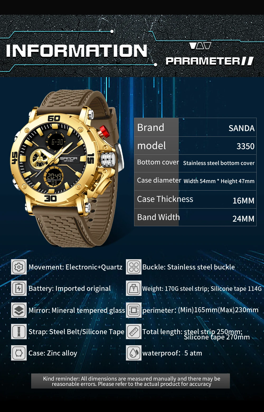 SANDA New 3350 Luxury Stainless Steel Watch Men Military Sport Quartz Waterproof Luminous Stopwatch Electronic Digital Men Watch 4