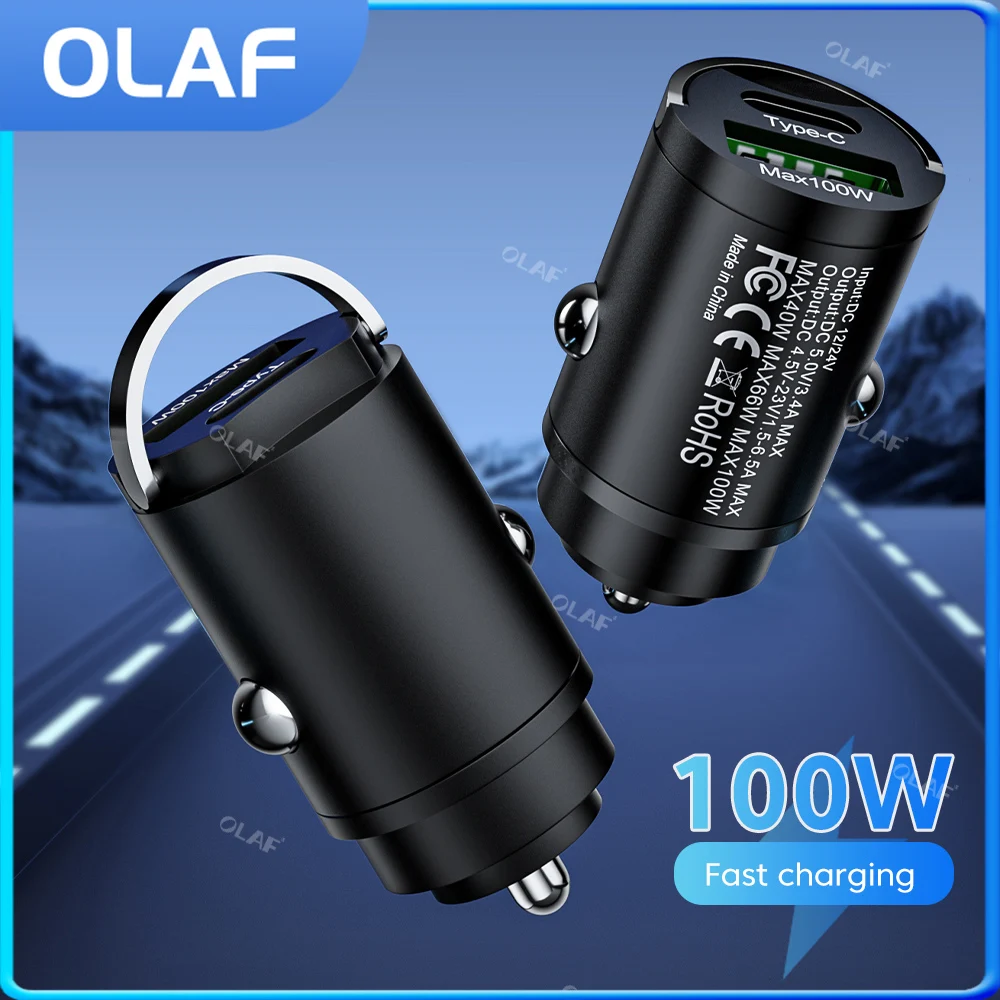 

100w A+C Car Charger USB Type C Mini Metal Pull Ring QC 3.0 Fast Charging For iPhone 14 Xiaomi 13 Samsung Mobile Phone Adapter