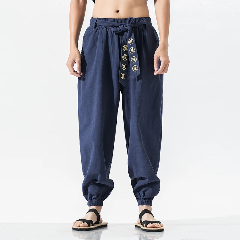 Japanese Kimono Pants Embroidered Loose Harajuku Casual Men Trousers Yukata Style Harem Costume