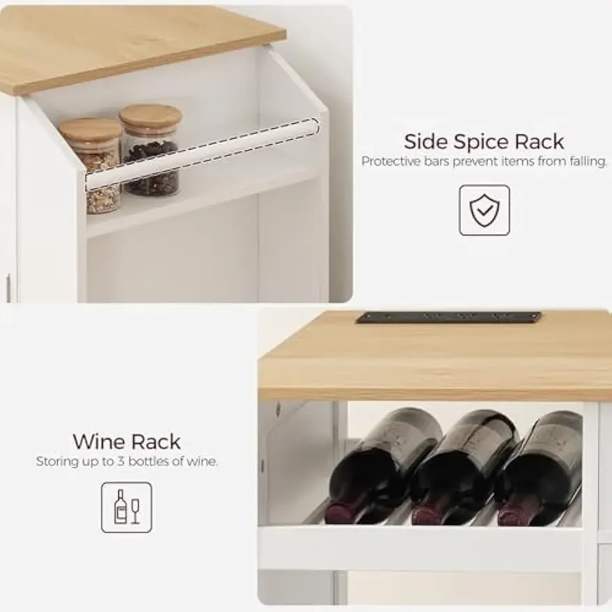Nordic Kitchen Island with Power Outlet, Storage with Drawer, Spice, Towel, Wine Rack, Rolling Cart