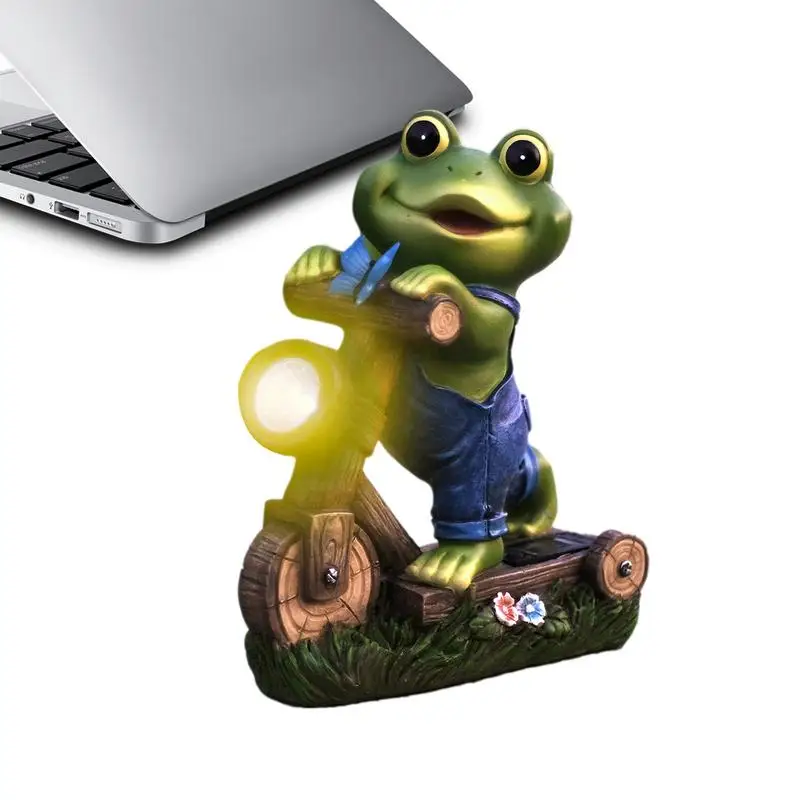 

Garden Frog Statue Frog Cycling Sculpture Decorations Garden Solar Energy Resin Figurines Cute Outdoor Light Figurine Happy