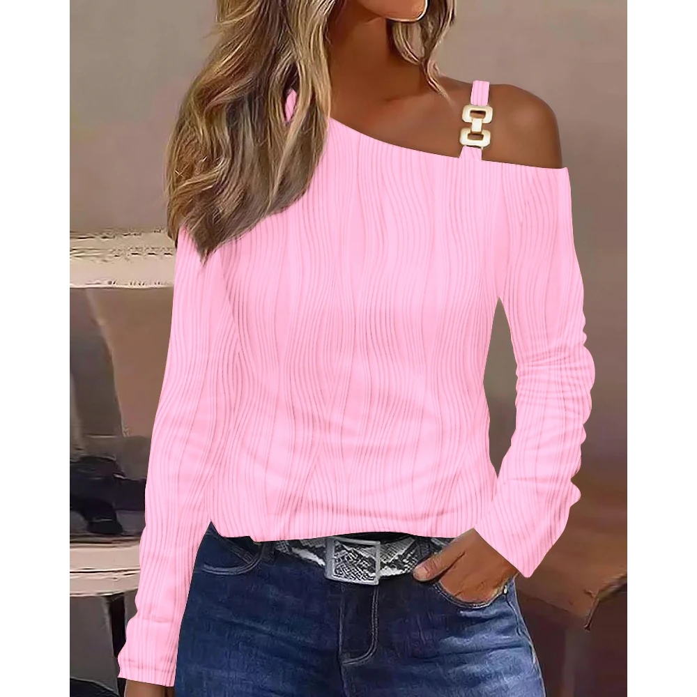 

2023 Autumn Spring Women Cold Shoulder Long Sleeve Chain Decor Top Femme Skew Neck Casual Pink Textured Tee T-Shirts Outfits