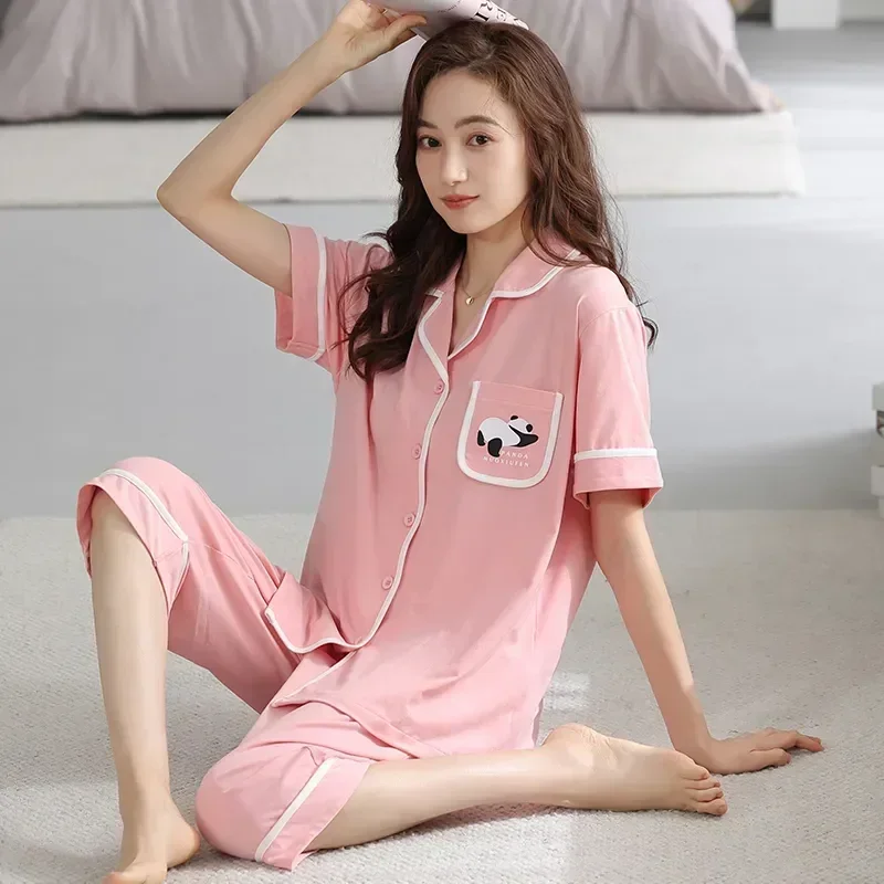 

for Collar Pajama Pajamas Turn-down Plus Cute Capri Cardigan Women 4XL Print Summer Pants Pijamas Girls Size Modal Loose