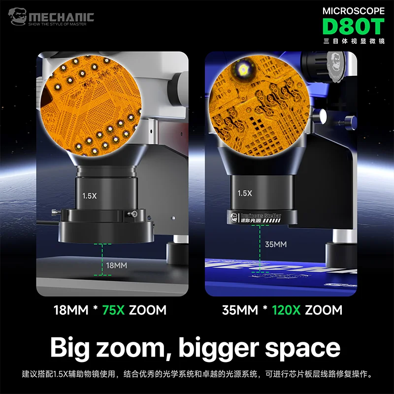 메카닉 D80T 8.0X-80X 배율 삼안 실체 현미경, 마더보드 납땜 수리용 조절식 아이피스