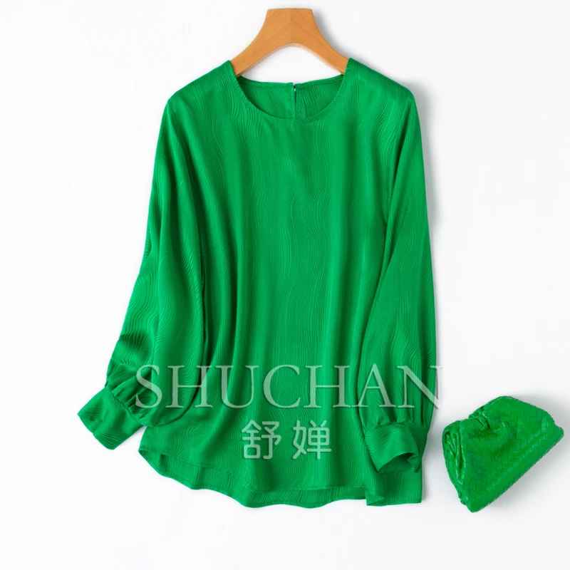 

green 100% natural silk 2024 summer new blusas femininas elegantes shirts for women blusas de mujer