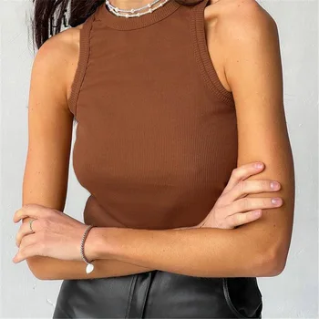 Ribbed Knitted Tops Neck Summer Basic Shirts White Black Casual Sport Vest Off Shoulder Green Women's Tank Top 1