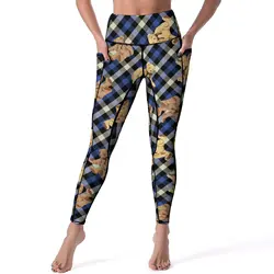 Bear Yoga Pants Pockets Plaid Cartoon Brown Bears Leggings Sexy Push Up Elegant Yoga Sports Tights Quick-Dry Workout Gym Leggins