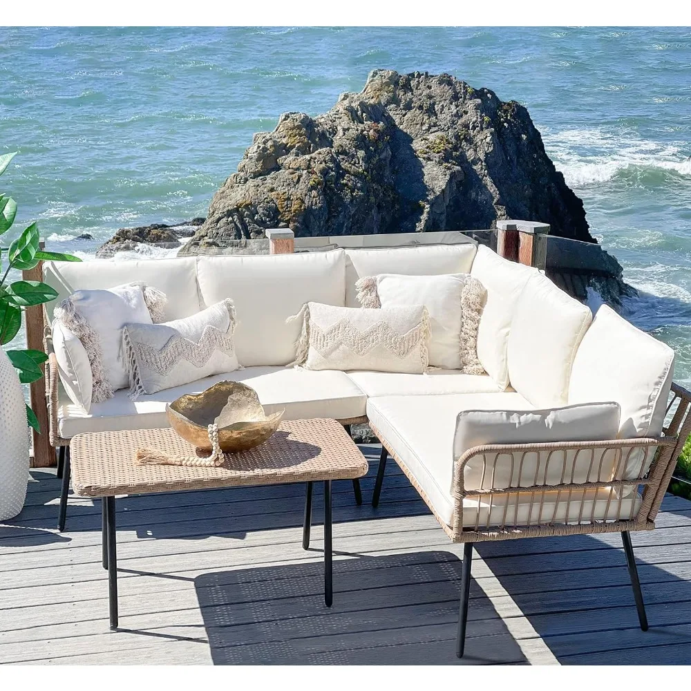 

YITAHOME 4 Pieces Patio Furniture Set, Outdoor Rattan Woven Conversation Porch, Boho Detachable Lounger with - Beige
