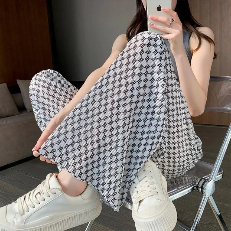 Women's Summer New Thin Fashionable Commute Elasticized High-waisted Plaid Straight Tie Dye Casual Ruched Silk Wide Leg Pants