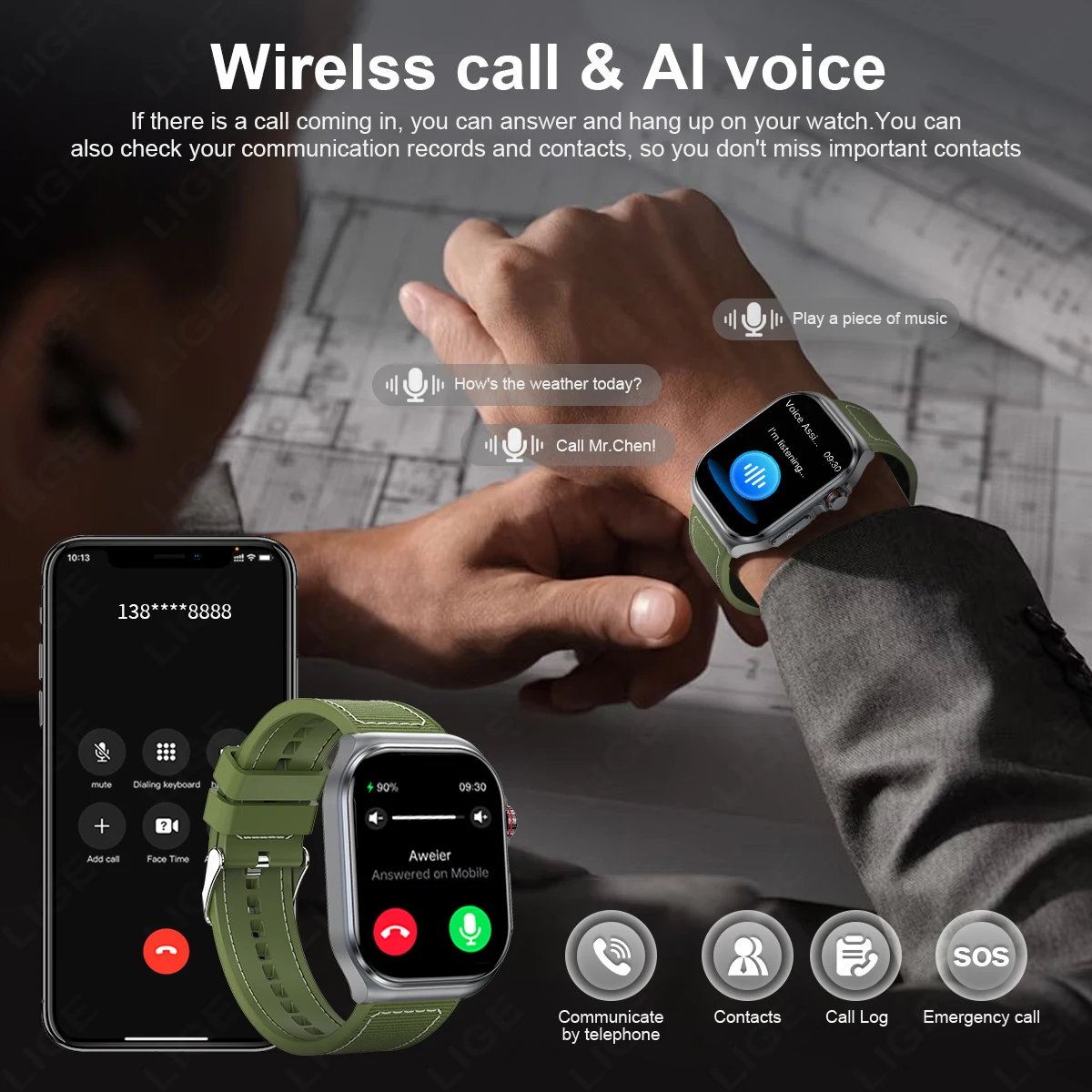 LIGE AMOLED Smart Watch ET585 Men ECG Blood Compositoin Health Monitoring Bluetooth Call Women Sports Fitness Tracker Smartwatch