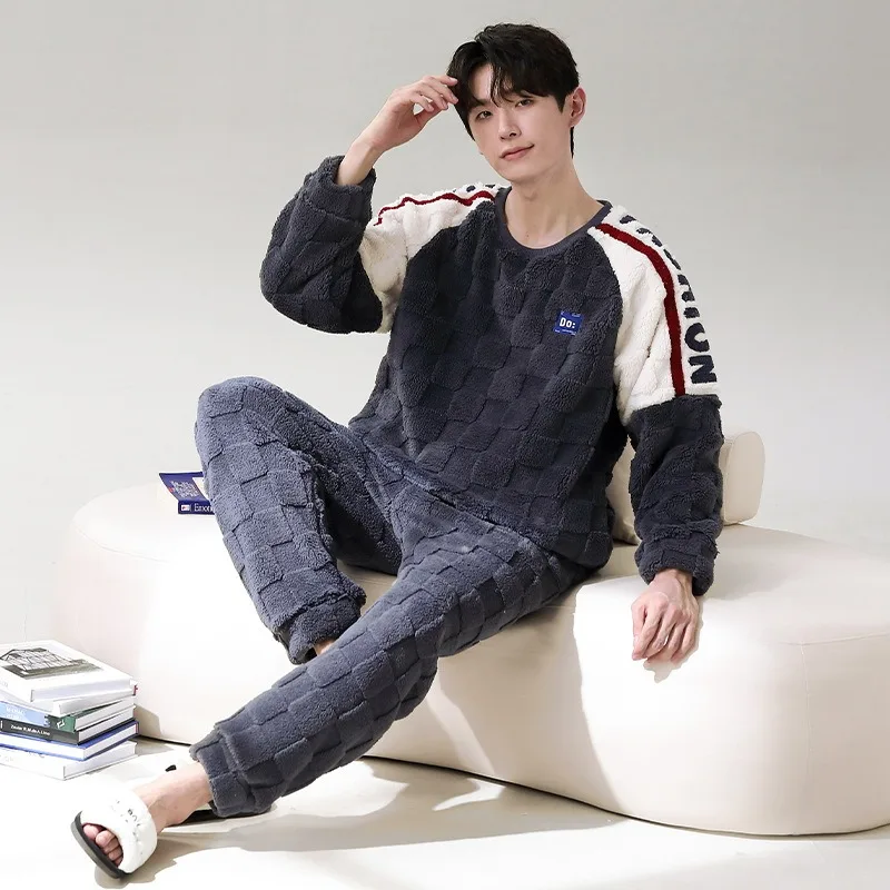 Men Plush Teddy Fleece Pajamas Winter Warm Overall Suits Plus Size Sleepwear Tg7