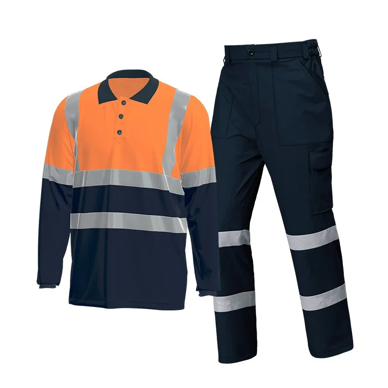 Hi Vis Safety Work Clothing Quick Dry Polo Shirt with Cotton Trousers Summer Reflective Shirt Construction Work T-shirt Pants5XL