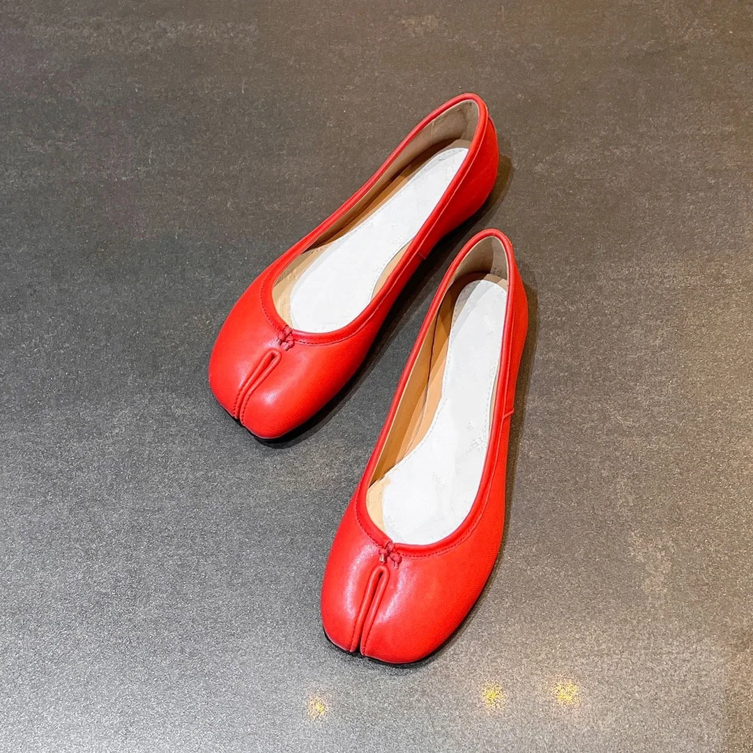 Genuine leather pig trotters split toe women's shoes round toe shallow mouth ballet flat sole women's singles shoes