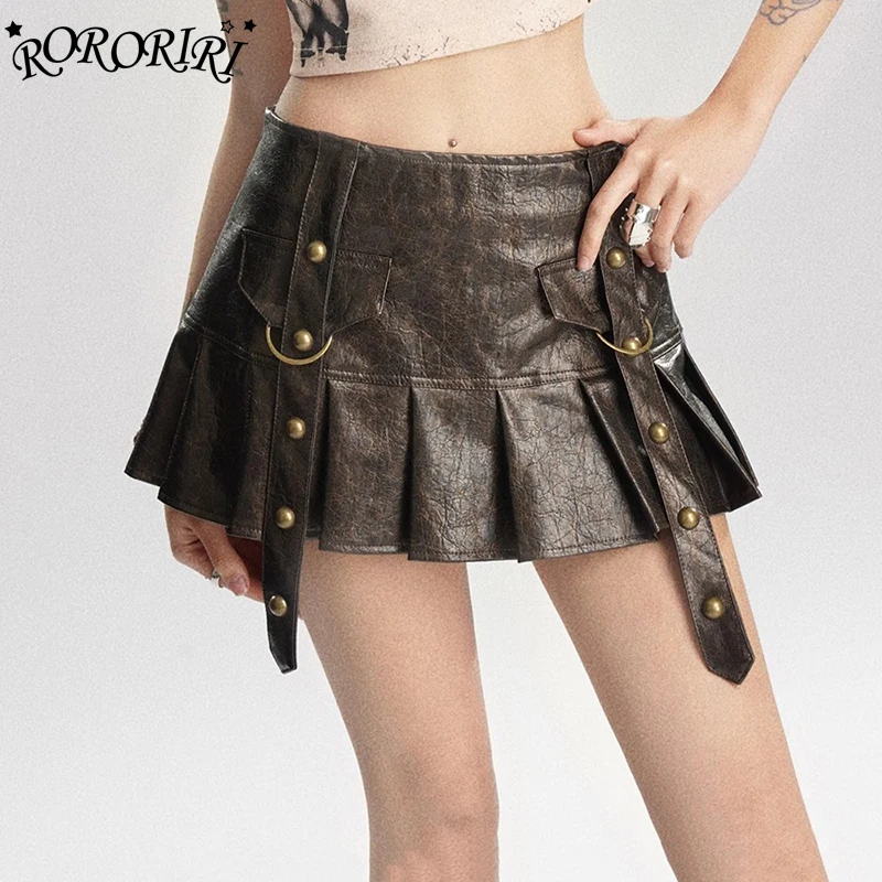 

RORORIRI Steampunk Rivet Leather Mini Skirt Women Belt Patchwork Low Waist A-line Pleated Skirt Short Bottoms Vintage Clothing