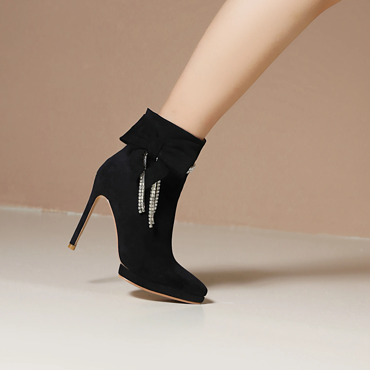 Black Ankle Boots Women 2022 Autumn Winter High Heels Shoes Latest Pointed Toe Flock Bow Crystal Decorate Stiletto Booties