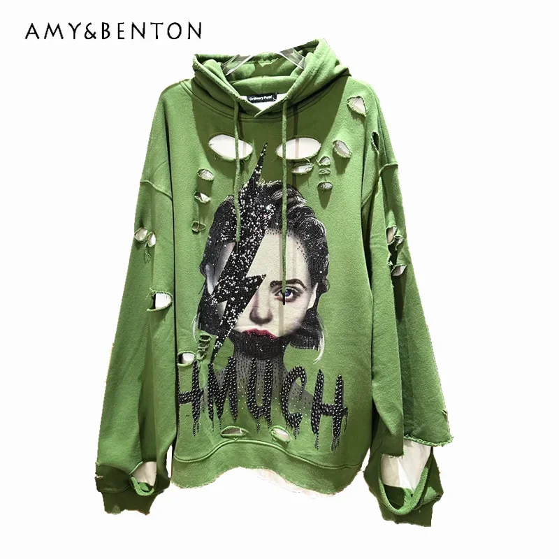 

Ripped Distressed Rhinestone Sweatshirts False Two-Piece Suit Oversize Mid-Length Hoodie Unisex Men's And Women's Big C Clothes