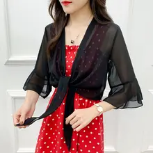  Korean Short Chiffon Bow Sunscreen Shawl Women's Summer Thin Transparent Blouse Shoulders Fake Collar Cape Knotted Scarf T95 