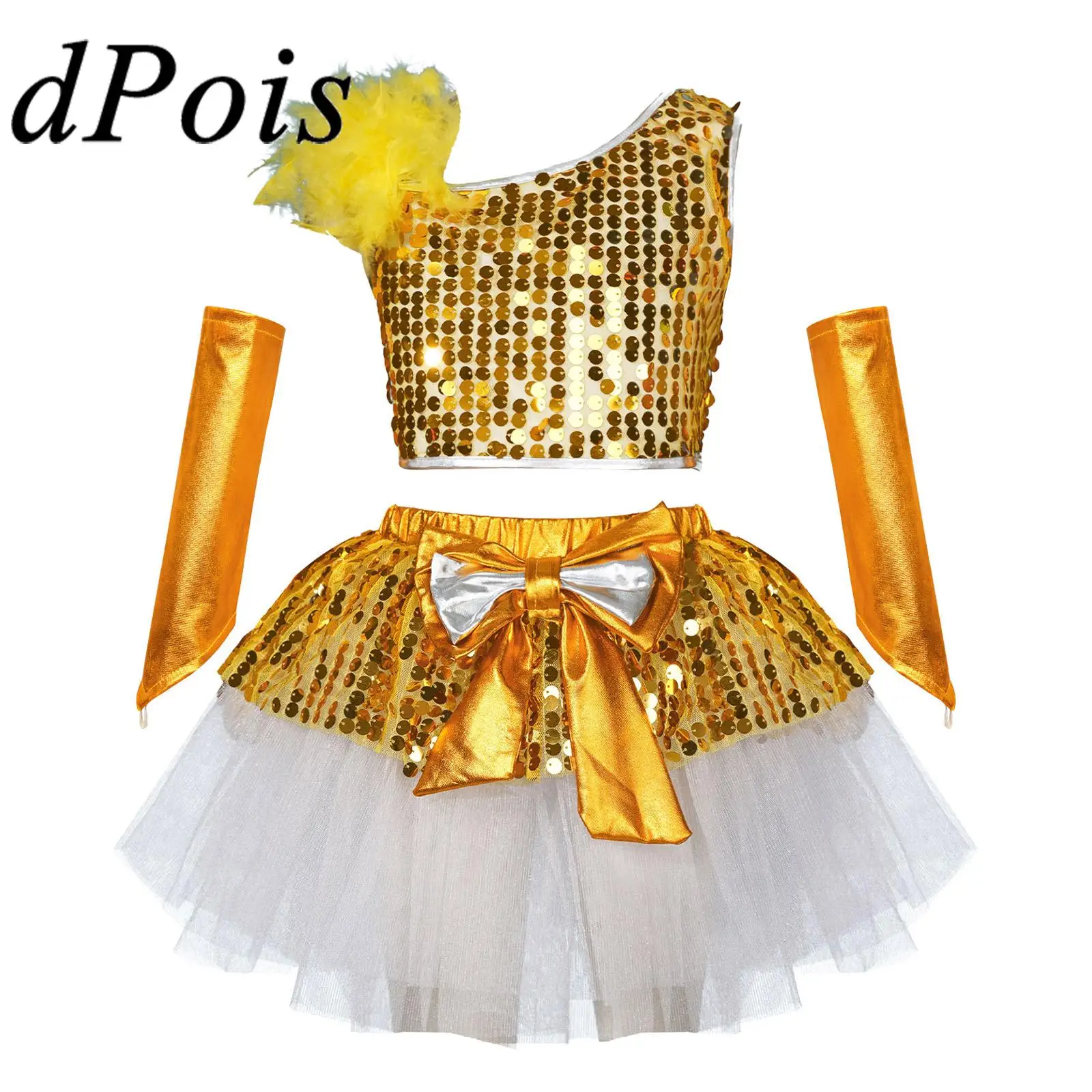 

Kids Girls Shiny Jazz Dance Costume Ballet Outfit Glittery Sequins Crop Top with Tutu Skirt Metallic Stage Performance Dancewear