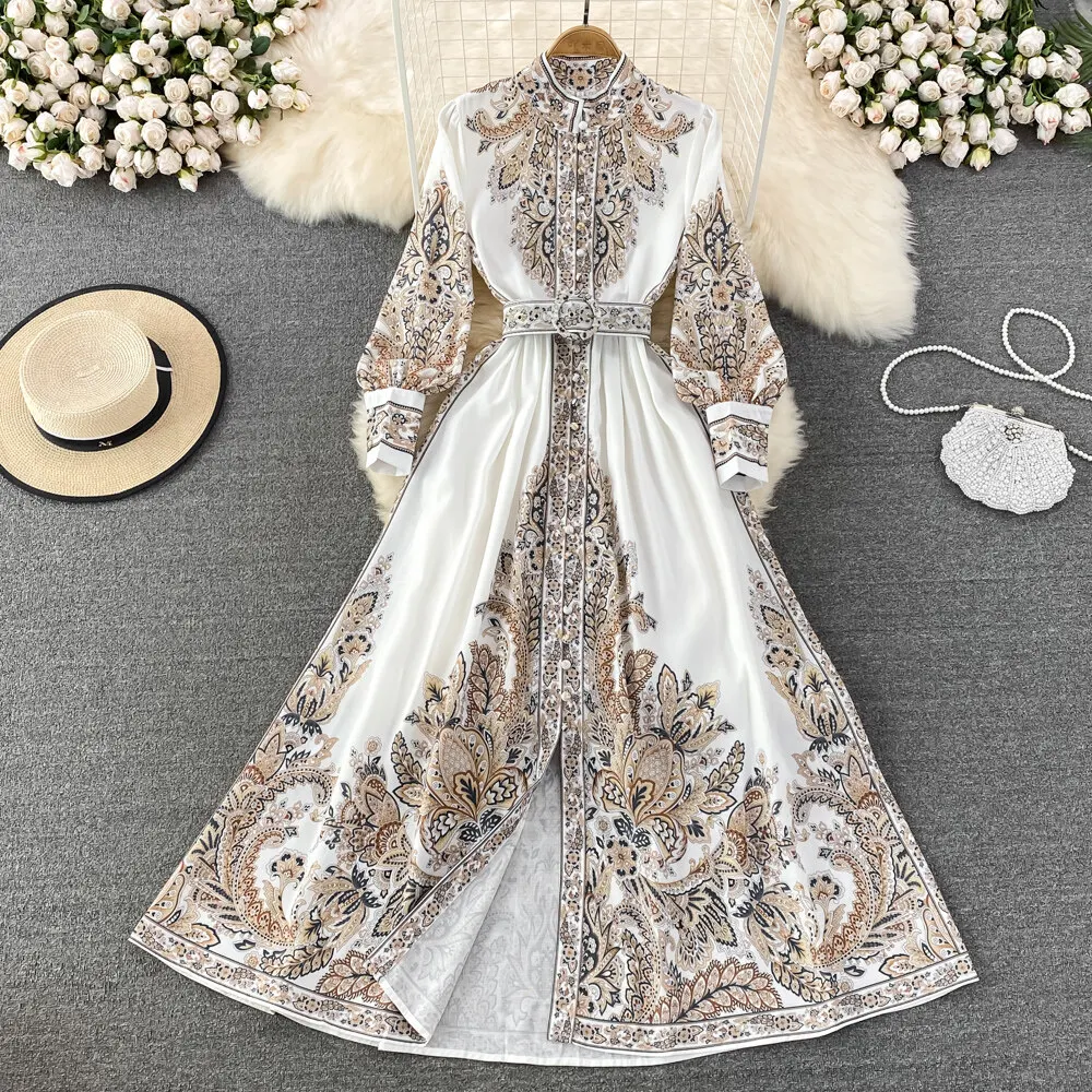 Women Vintage Long Dress Fashion Print A-line Ruffled Elegant Floral Party Dresses Ladies Long Sleeve Casual Long Robe Vestidos