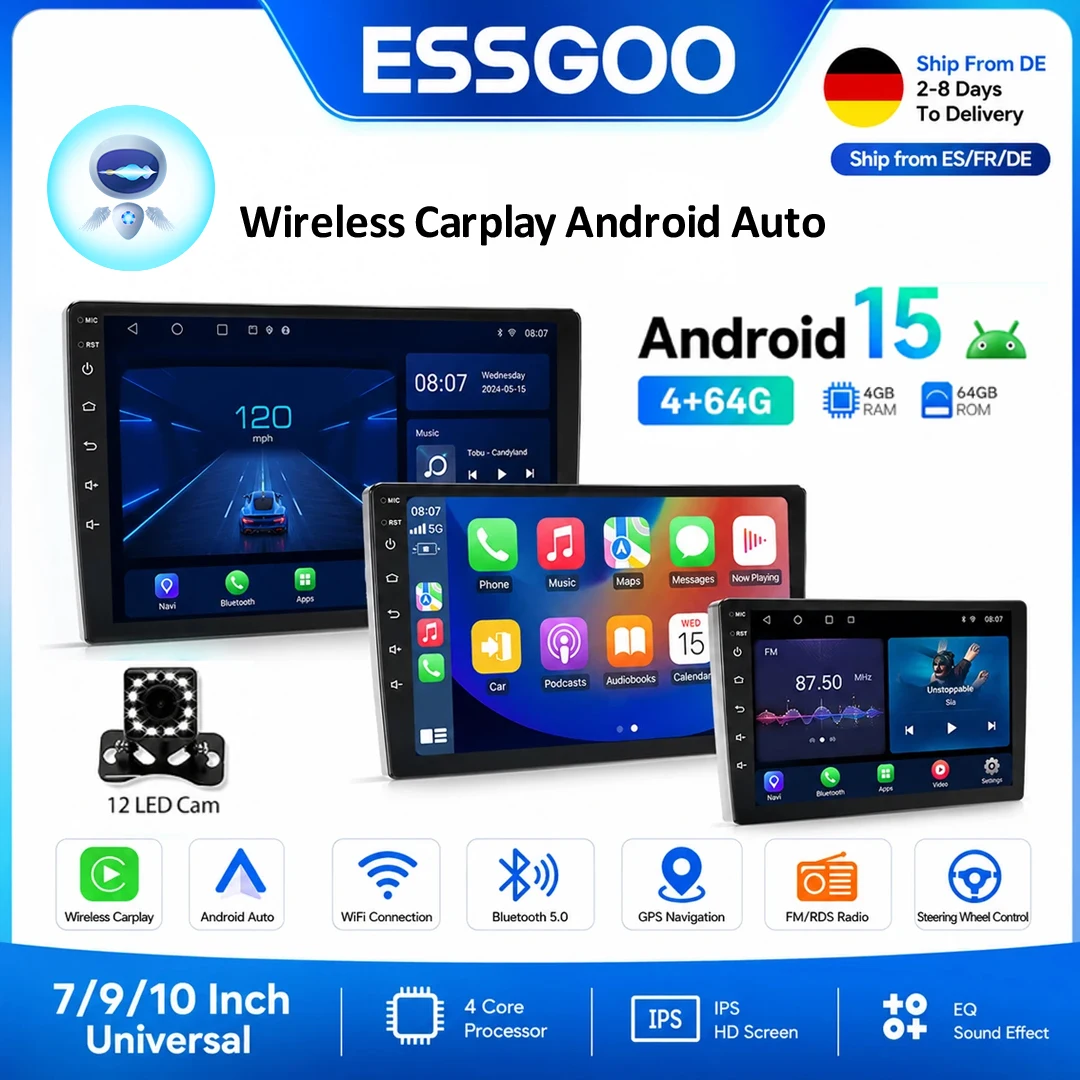 ESSGOO Radio para Auto con Android 15 y Carplay Inalámbrico, 2 Din, 7"/9"/10", Navegador GPS, Reproductor MP5, Pantalla de Vidrio, Wi-Fi, FM, BT, Estéreo para Auto 1