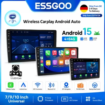 ESSGOO Radio para Auto con Android 15 y Carplay Inalámbrico, 2 Din, 7"/9"/10", Navegador GPS, Reproductor MP5, Pantalla de Vidrio, Wi-Fi, FM, BT, Estéreo para Auto 1