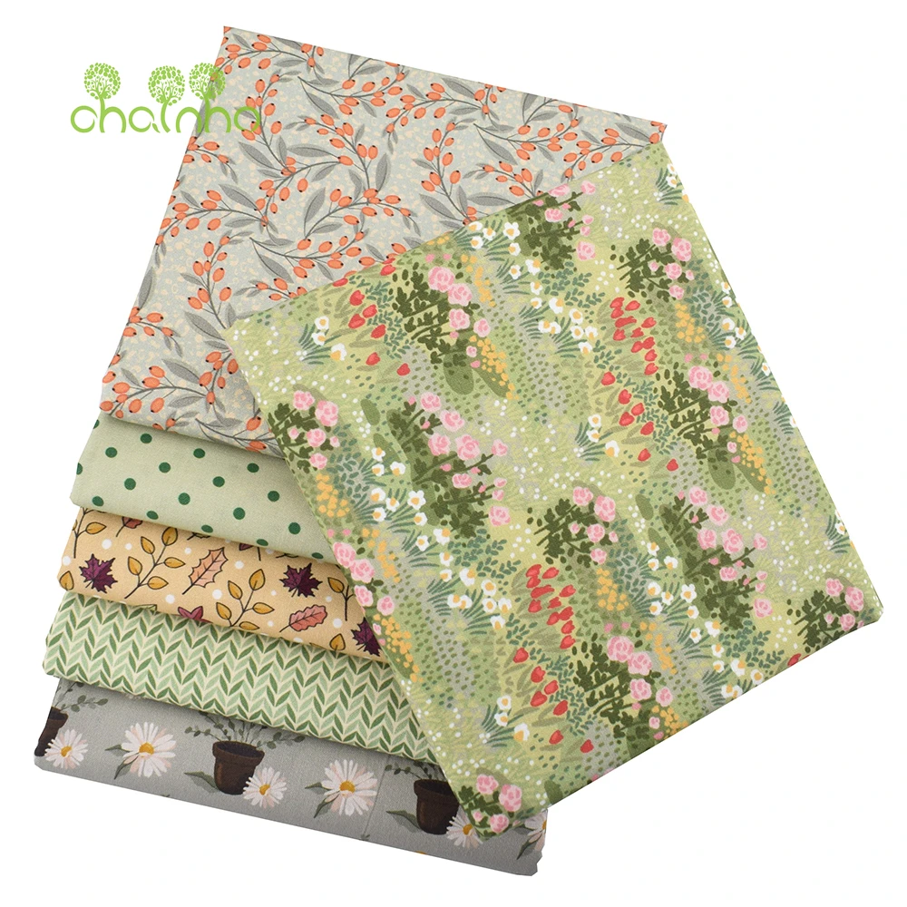 Chainho,Green Floral,Digital Printed Plain-Weave Cotton Fabric,Patchwork Cloth Of Handmade DIY Quilting Sewing Bag,Toys Material