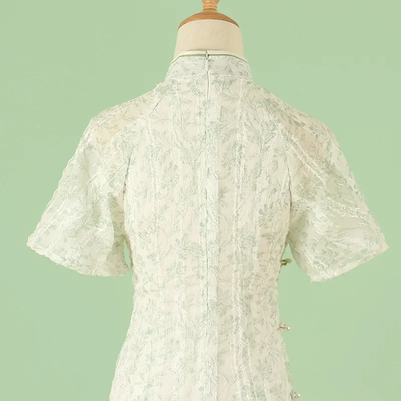 Young Women's Green Chiffon Cheongsam Summer Improved Version Long Dress Fresh Style Shoulder Drop Waist Cinched Dai