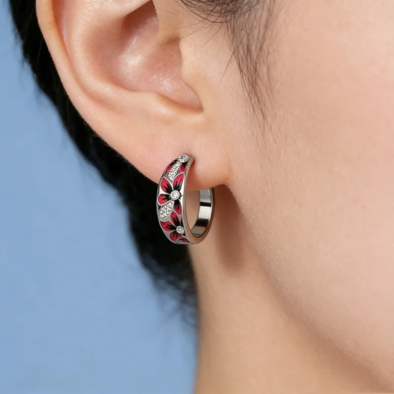Charming Vintage Red Enamel Flower Ring in Silver Tone
