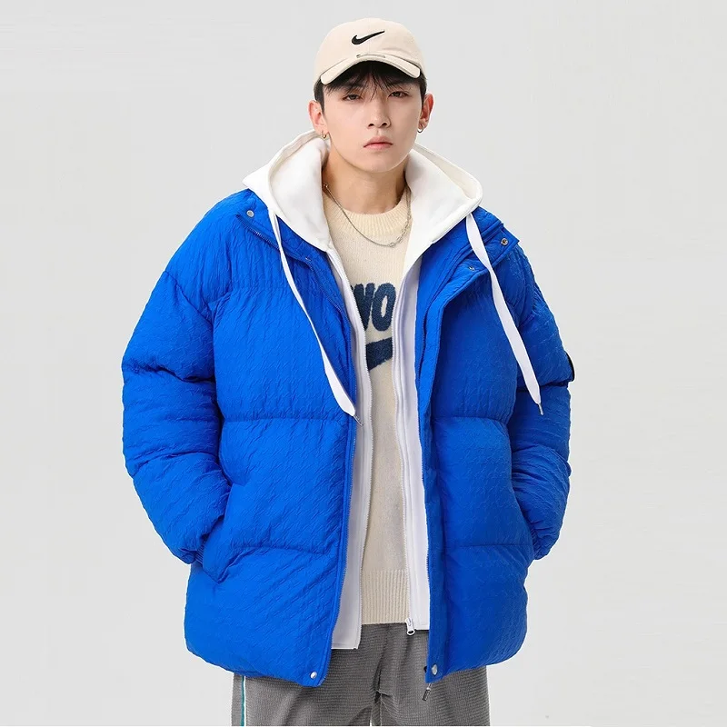 Mens Fashion Fake Two-piece Hooded Jacket Windproof High Collar Color Matching Coat Houndstooth Padded Jacket Parka Hombre