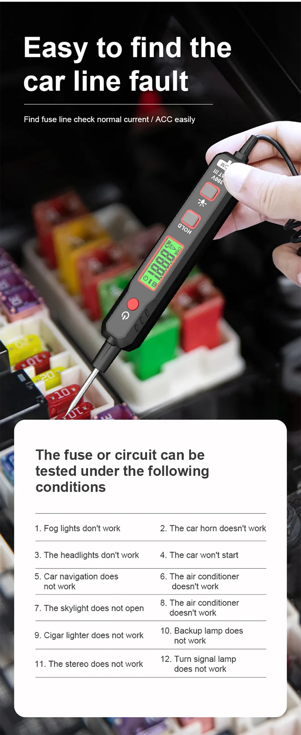 DC/AC Voltage Detector Car Fault Maintenance Circuit Test Pen Digital Display Ba