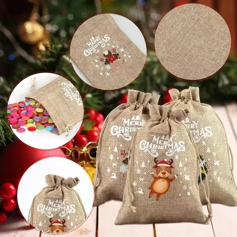 Christmas Linen Drawstring Bags Candy Biscuits Pouchs Burlap Bracelet Jewelry Storage Bag Xmas Kids Gifts Packaging Bags 36-1PC