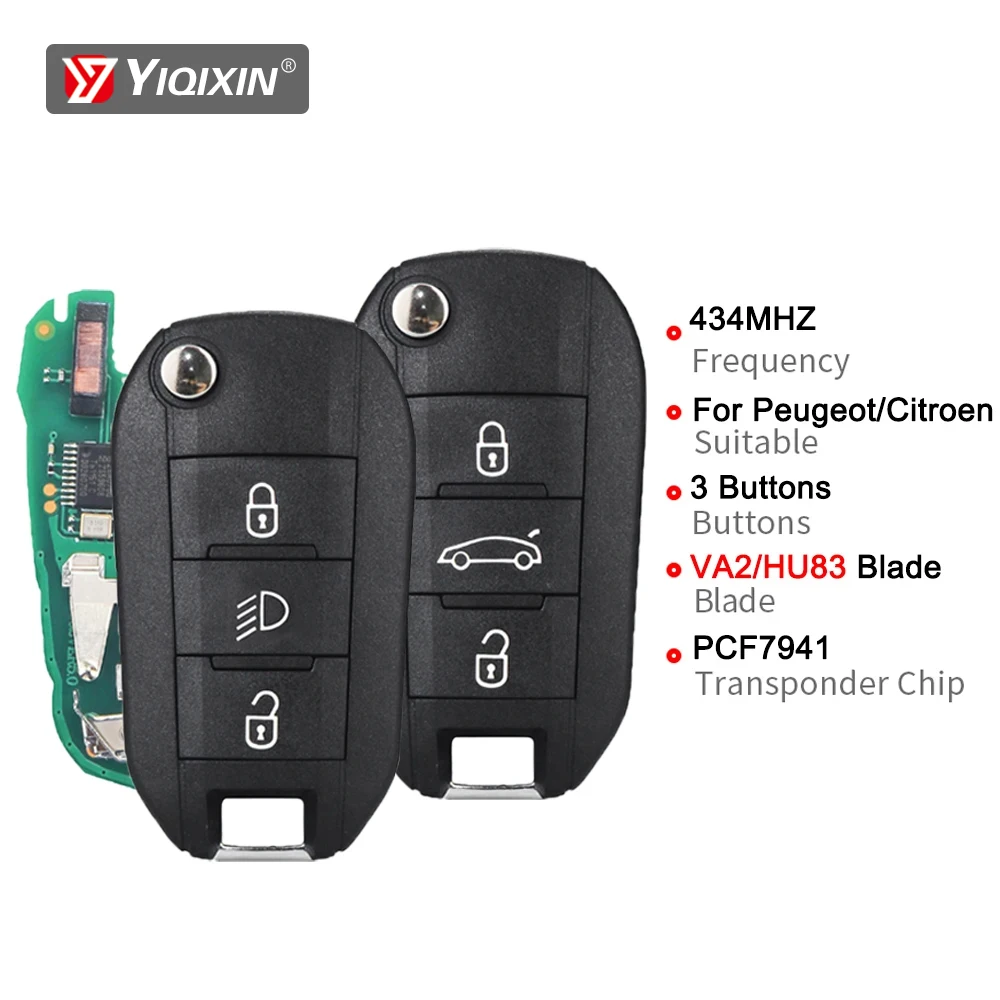 

YIQIXIN 3 Buttons 434MHz Flip Remote Car Key For Peugeot 208 2008 308 508 For Citroen C3 C4 C5 4A AES Chip HU83 VA2 Blade