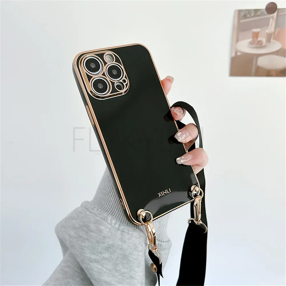 Luxury Plating Crossbody Lanyard Case with Strap Cord and Silicon Cover