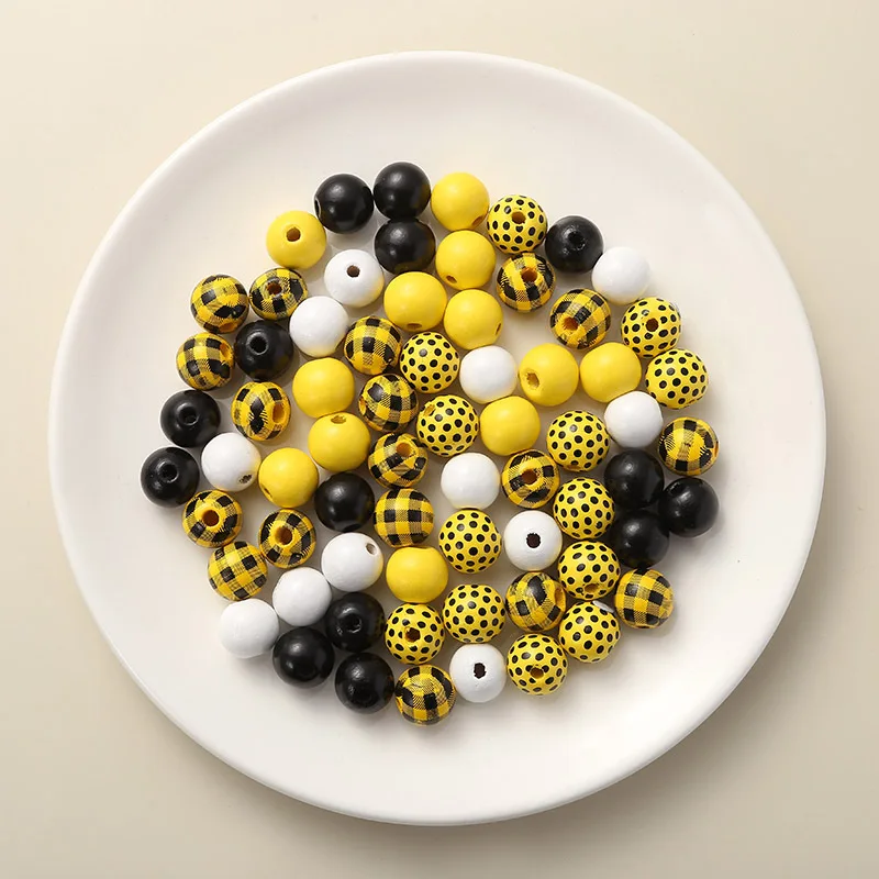 New 20Pcs/Pack Yellow Bee Print Wood Beads DIY Custom Wooden Decoration Crafts Kids Toys Jewelry Bracelet Accessories Materials